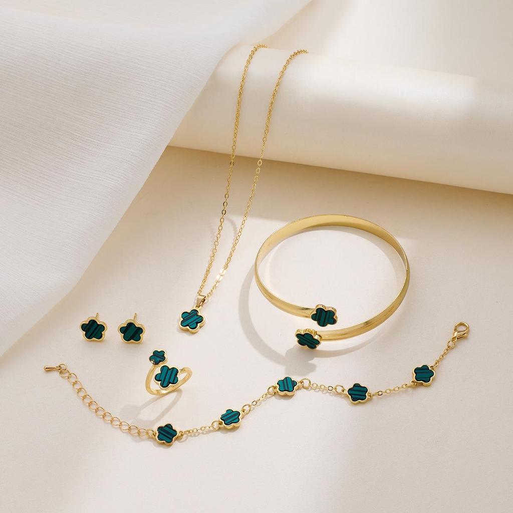 Five-Leaf Clover Jewelry Set: Lucky Flower Bracelet, Necklace, Ring, and Earrings for Women
