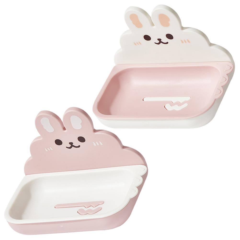 2 Pcs Cartoon Rabbit Soap Dish Draining Holder Pink White Wall Mount Bathroom Kitchen Non slip Smooth Edge Storage Tray