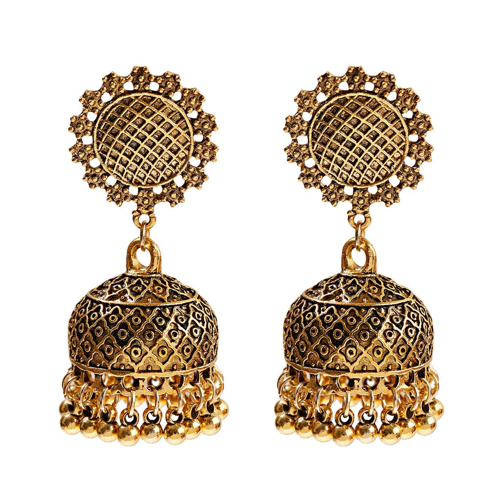 TopHanqi Retro Ethnic India Jhumka Jhumki Earrings Femme Antique Gold Color Carved Lotus Lantern Drop Earrings For Women Zircon