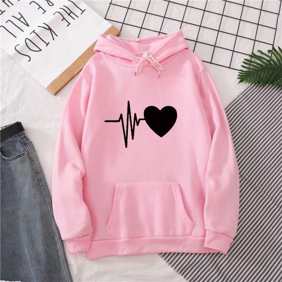 

Women s Sweatshirts Long Sleeve Sports Blouse Autumn Fashion Heart Print Hoodies Tops Solid Casual Loose Hooded Sweatshirt S розовый
