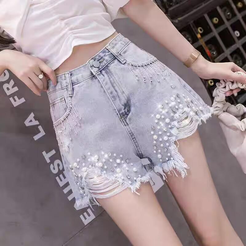 New Summer Women's High Waist Slimming Fashion Craft Diamond Tassel Chain Denim Shorts
