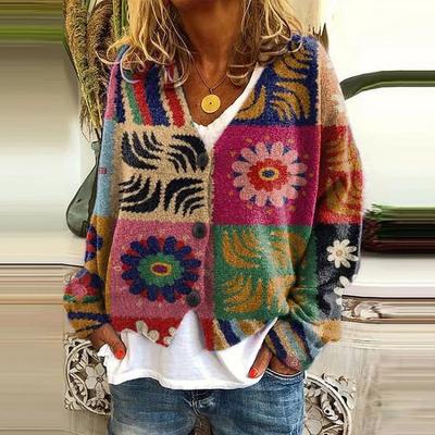 Womens 3D Printed Knit Cardigan Soft Loose Fit Casual Open Front Sweater Long Sleeve