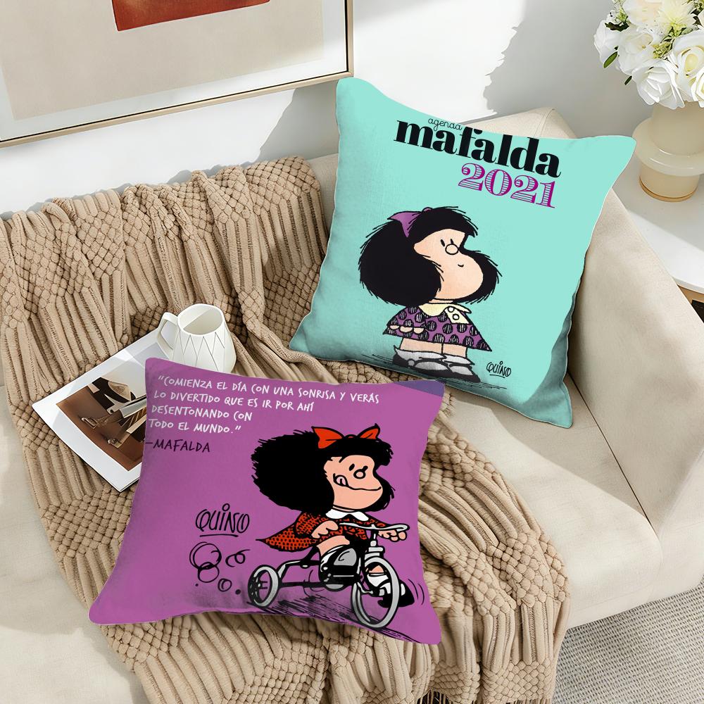 M-Mafalda Cartoon Cute Cushion Cover Silky Short Plush Invisible Zipper Dustproof Sofa Pillow Case For Home Decor