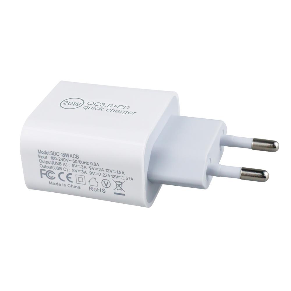 EU Plug PD 20W QC3.0 Wall Charger USB Type C Two Ports Travel Adapter Mobile Fast Charging Phone Charger for IPhone Samsung RoHS