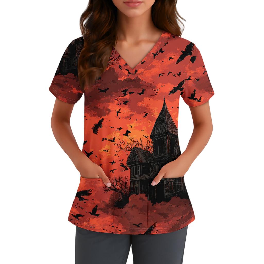 Women V Neck Short Sleeve Printed Top with Pockets Halloween Pattern Comfortable Fit for Healthcare Professionals