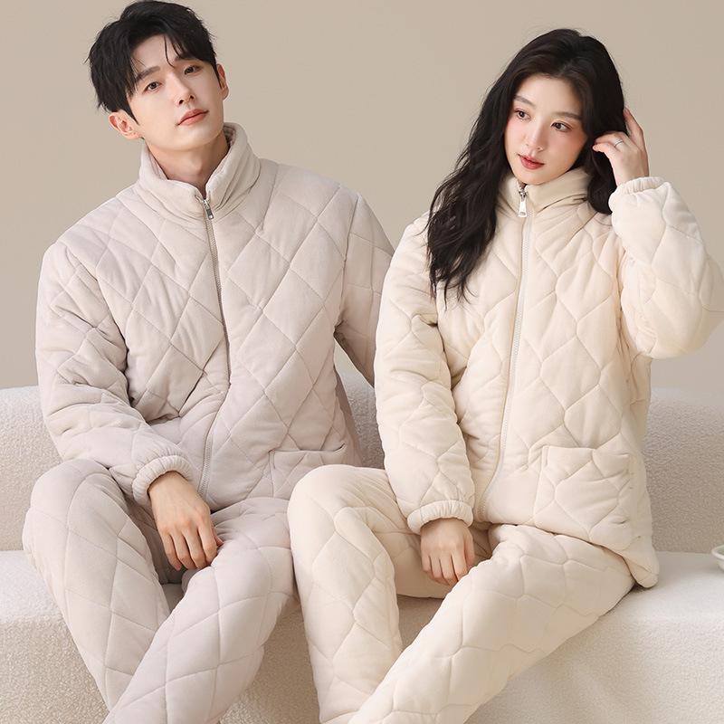 Couple Pajamas Winter Padded Zipper Stand-Up Collar Warm Three-Layer Thickened Velvet Autumn And Winter Models Can Be Worn Outside Loungewear