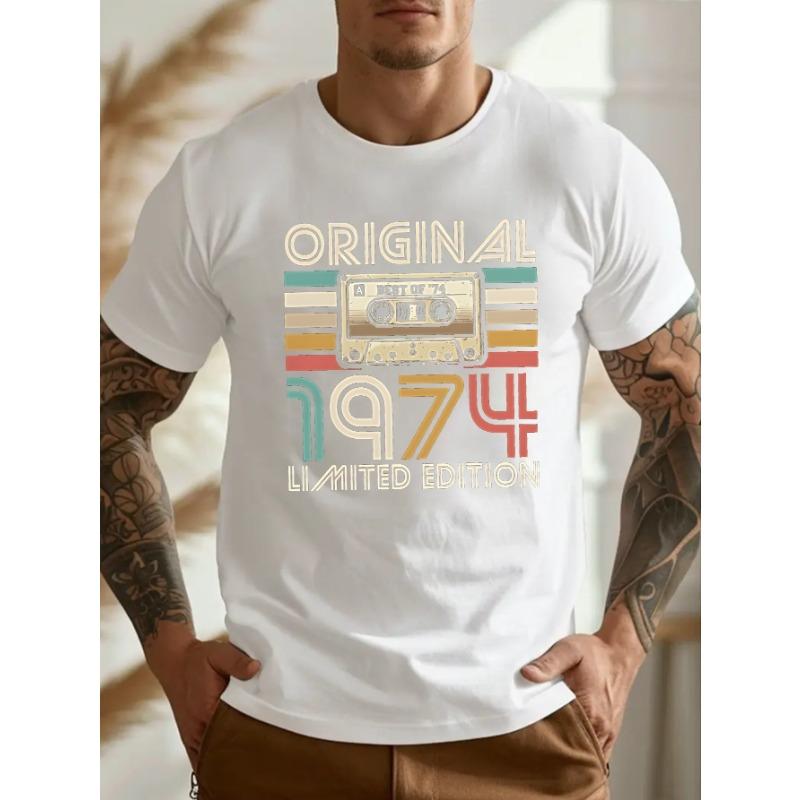 

European sizes ORIGINAL 1974 LIMITED EDITION Men S Plus Size T-Shirt - Retro Cassette Design, Vibrant Colors, Casual Crew Neck 4XL білий