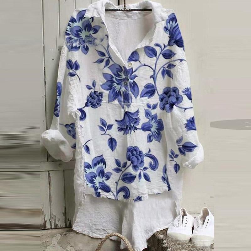 

Хлопок Смеси Нерегулярный Цветочный Принт Блузки Женщины Пуговицы Лапц Свободный Плюс Размер Длинный Рукав Рубашка Женские Топы