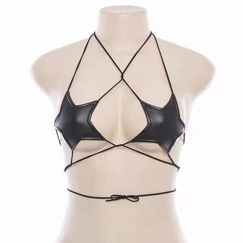 

Sexy Women Leather Star Shape Strappy Bra Bustier Crop Top Bralette Hanging Neck Bandage Bra Reflective Silver Nightclub Vest One Size чёрный