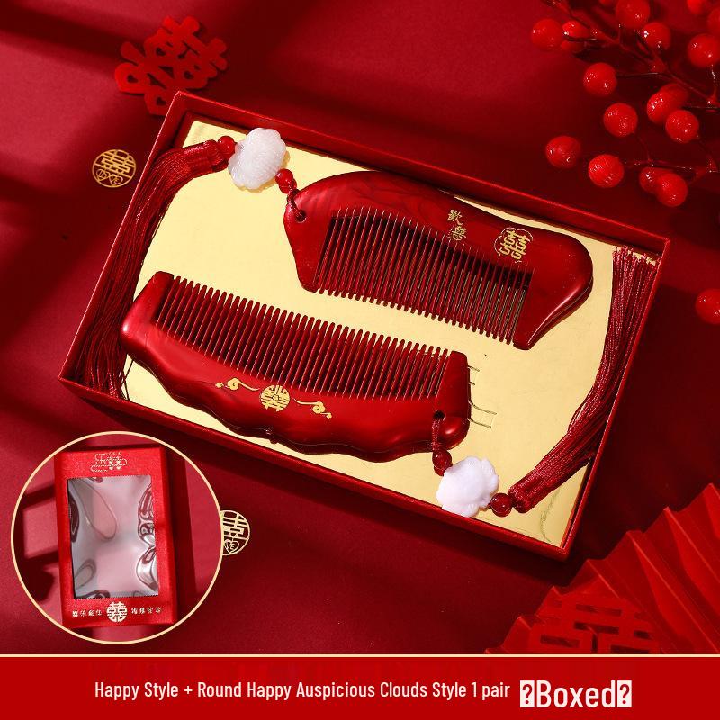 Bordowy Drewniany Zestaw Grzebieni Ślubnych z Lusterkiem - Pudełko na Prezent Weselny Panny Młodej