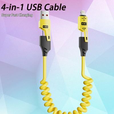 4 In 1 USB-C To Lightning/Type-C 65W Fast Charging Cable, Compact Design, Can Charge iPhone, iPad, Samsung and Other Devices