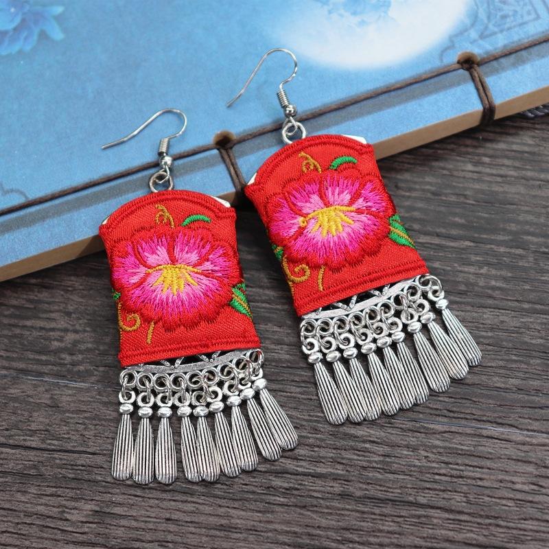 Retro hand-embroidered fabric earrings female long flower fringed versatile temperament performance earrings earrings