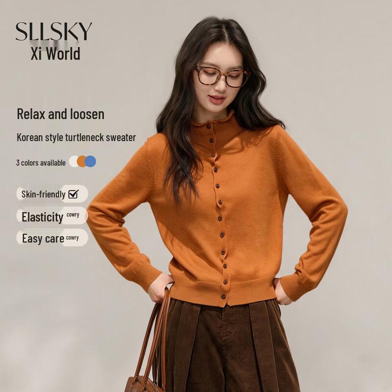 SLLSKY Women's Korean Style Mock Neck Button-Down Knit Cardigan
