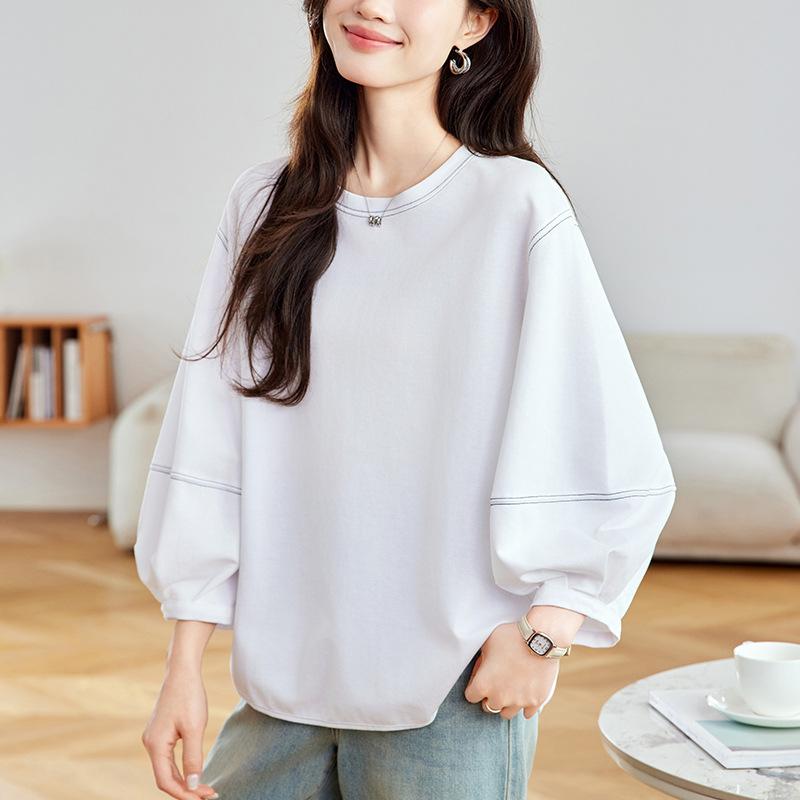 

Lantern Sleeve Round-Shaped Neck T-shirt for Ladies Long Sleeve Spring Latest Top Korean Oversized Everyday T-shirt High Quality One size белый