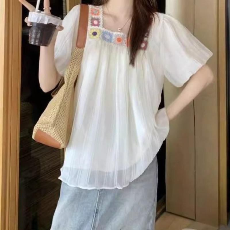 

Square Neck Short Sleeved Women s T-shirts Floral Embroidery Decoration Tees White Chiffon Elegant Ladies Tops One Size белый