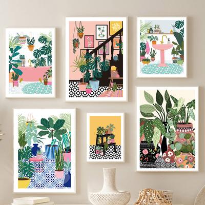 Greek Tile Botanical House Plants Art Nordic Poster Home Decor Boho Retro Vase Leaves Pictures Modern Wall Art Canvas Paintings
