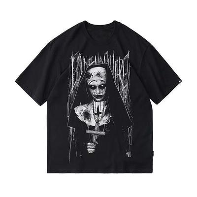 Mroczny gotycki rockowy T-shirt z krótkim rękawem, nadruk wzoru horroru, krótki rękaw, niszowy, mroczny, retro, high street, luźny top dla mężczyzn i kobiet