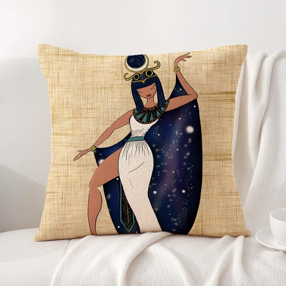 Cartoon Ancient Egyptian Cushion Cover Natural Linen Organic Fabric DoubleSided Printing Sofa Home Decor Breathable Bed Pillow