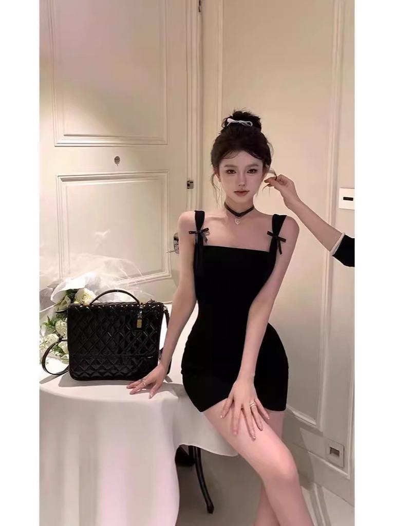 Classic Black Satin Dress With Bow Tie Waist For Office And Formal Events