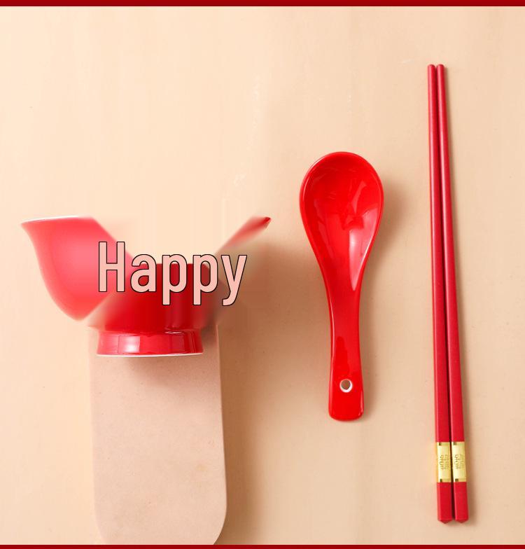 Red Double Happiness Ceramic Tableware Set: Wedding Bowl, Spoon, and Chopsticks Gift