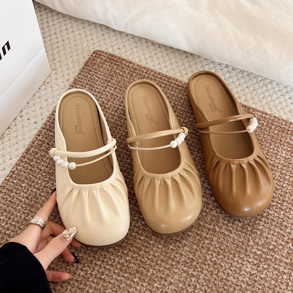 Französische Perle Baotou Halbschuhe Damen Oberbekleidung 2025 neu faule Ein-Pedal mit Rock flachboden kühle Hausschuhe