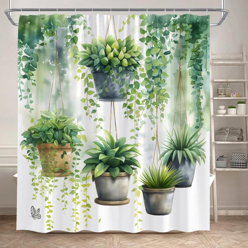 Green Plant Shower Curtains Watercolour Vine Leaves Butterfly Potted Plants Modern Polyester Fabric Home Bathroom Curtain Decor
