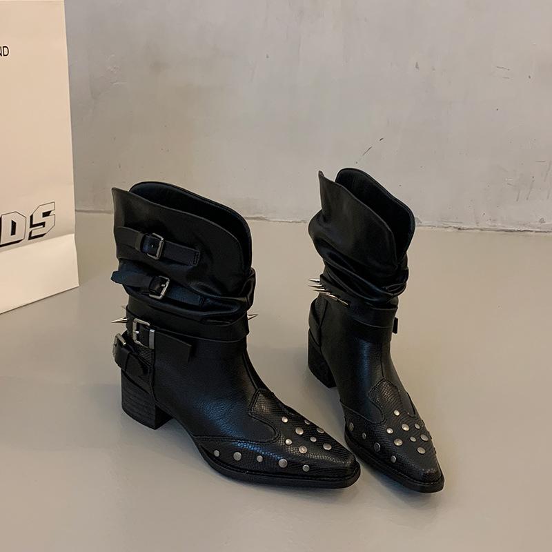 22 trendy temperament beautiful large size thick heel pile fashion boots belt buckle knight boots