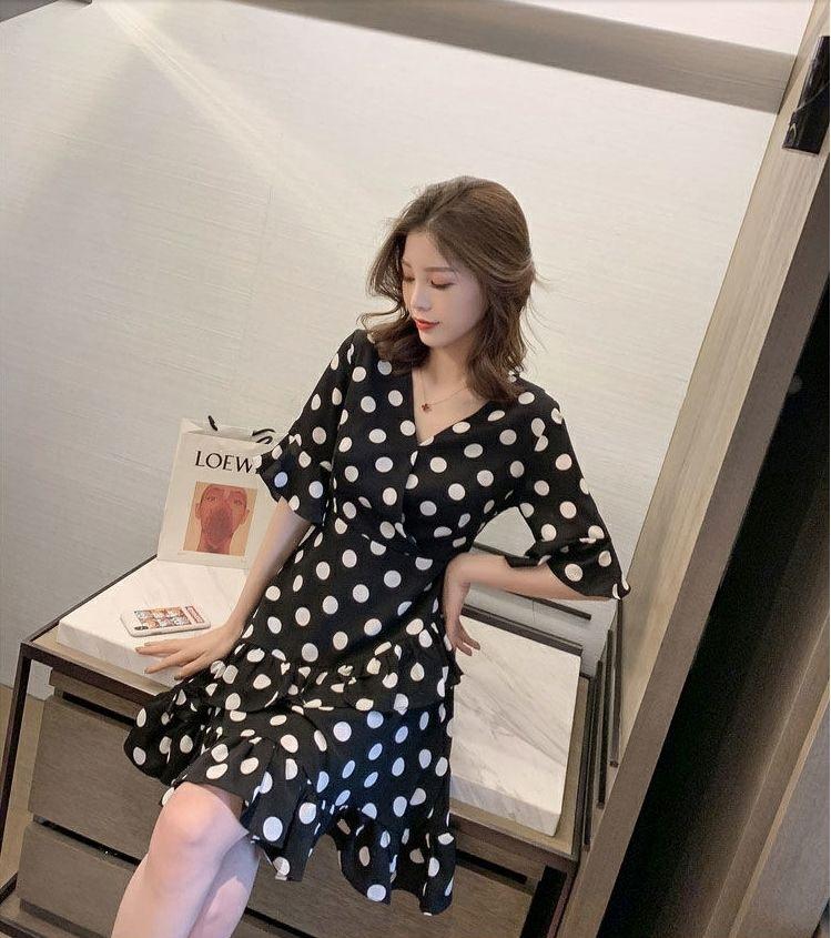 Summer new Korean version medium and long V-neck polka dot ruffle edge waist dress women's retro slim skirt