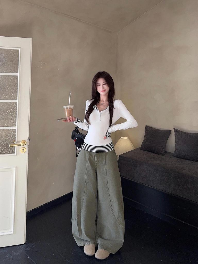 Women's Striped Patchwork Faux Two-Piece Long-Sleeve Shirt - 2025 Autumn Korean Style Slimming Base Layer