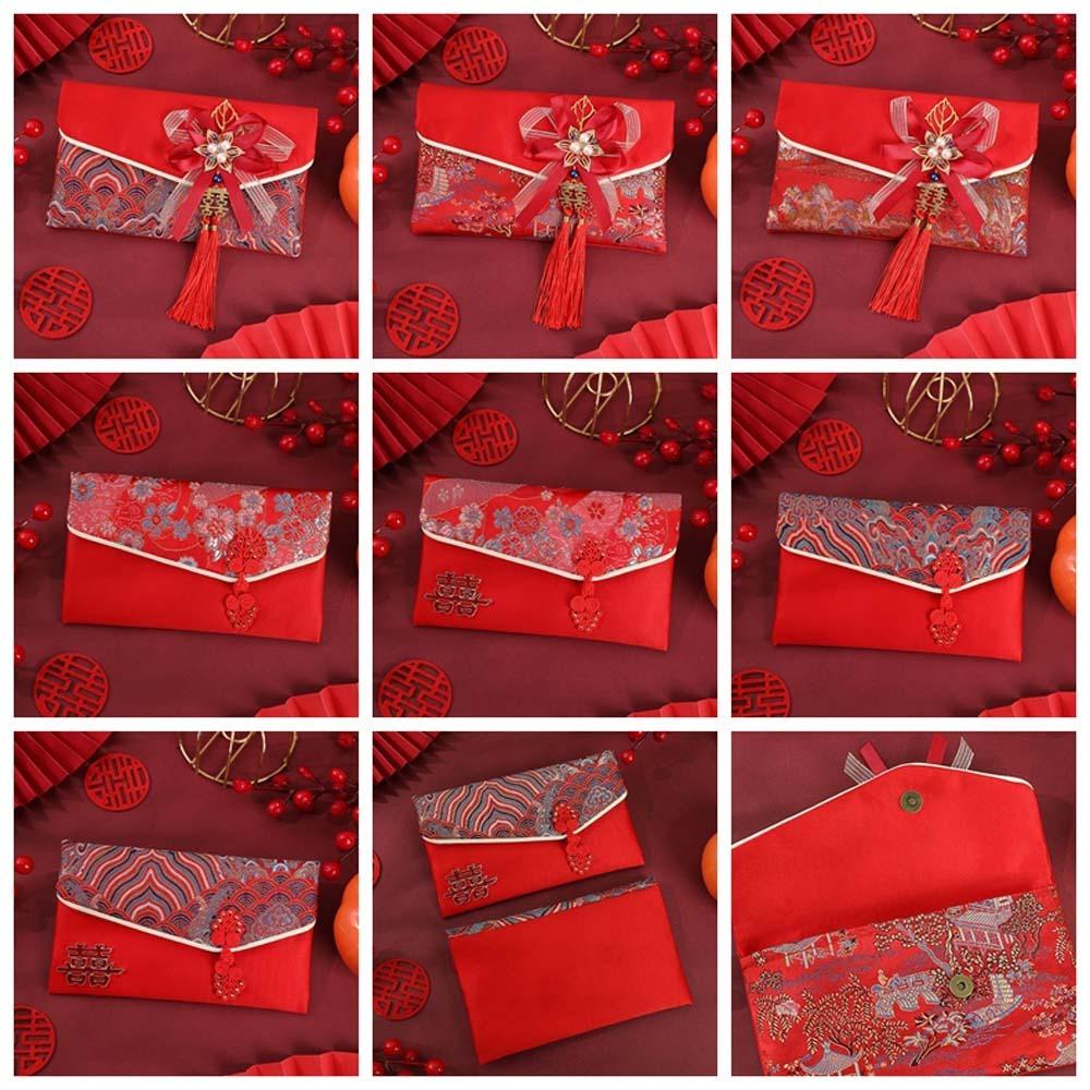 New Year Blessing Words Brocade Red Envelope Brocade Cloth Tassel New Year Money Bag  Party Gifts