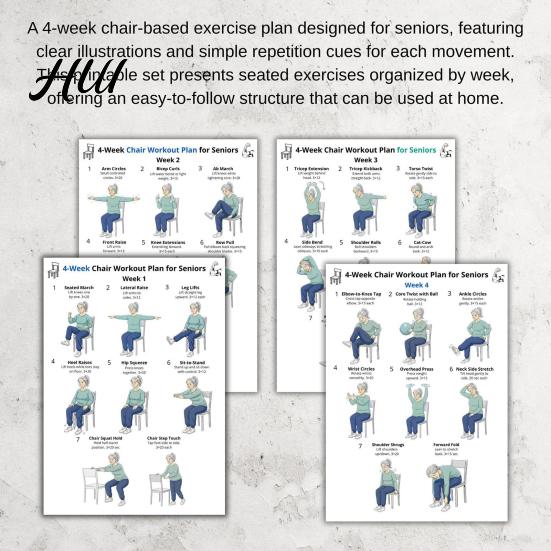 Yoga sulla Sedia per Anziani 4 Pezzi 4 Settimane Tabella Esercizi Anziani Allenamento Completo da Seduti Allenamento a Casa Anziani Senza Palestra & Poster di Forza Basso Impatto