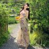 New Holiday Style Dress Women's Summer Lace Hip Wrap Fishtail Skirt Floral Suspender Dress Long Dress