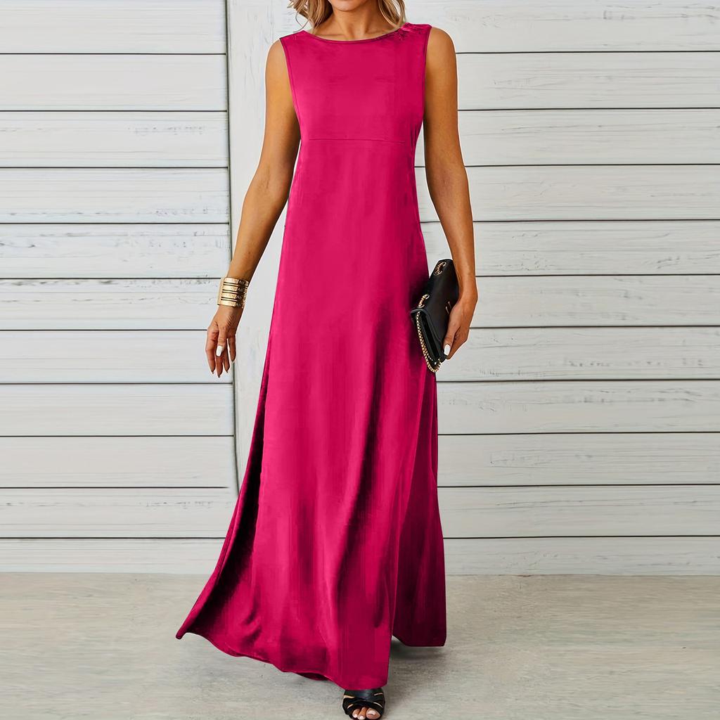 Ladies Fashion Solid Color Sleeveless Dress Long Dress