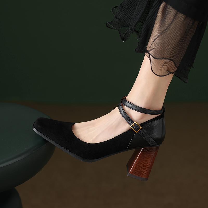 2025 new thick heel Mary Jane women's shoes French new celebrity style high heels cross strap light mouth single shoes