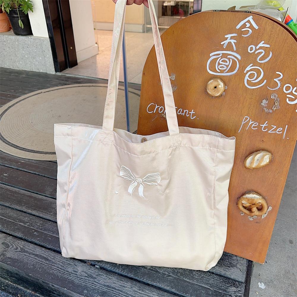 Elegant Pearl Beige Bow Tote Bag Lovely Embroidered Canvas School Bag For Girls