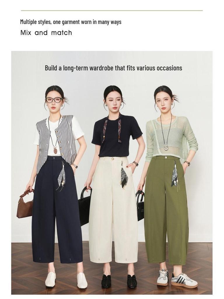 Spring Collection: Women's High-Waisted Loose Wide-Leg Cropped Pants - Slimming & Versatile for Petite Figures