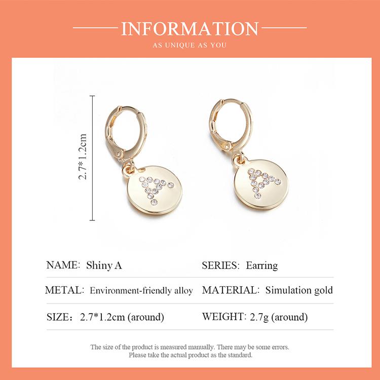 Bisaer Bright Colorful Rhinestones Alphabet A Round Shape Stud Earrings for Women Simple Jewelry