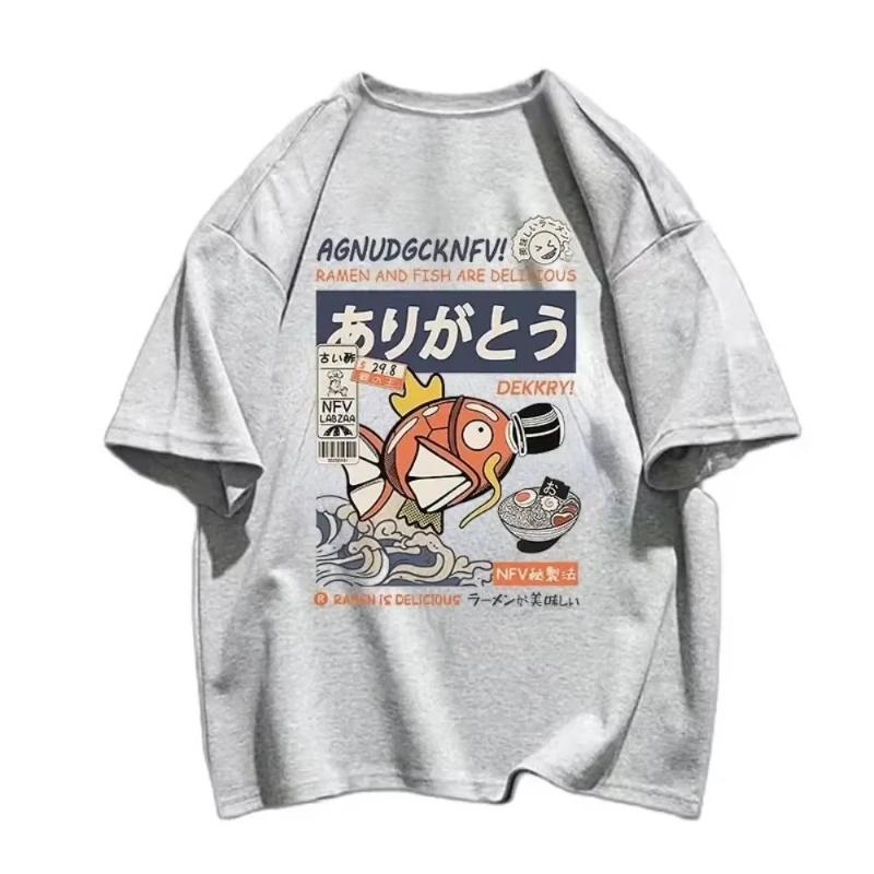 2025 Summer New Pokemon Carp King Cartoon Print T-shirt Loose and Fashionable Short-sleeved Couple Tops for Men and Women 09