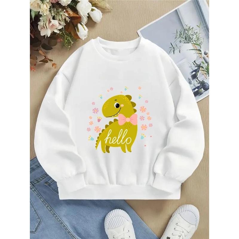 European sizes Kids' Crewneck Sweatshirt - Cute Dinosaur with Bow And Flowers , Sportswear And Casual Wear, Soft And Comfortable, Children's Clothing