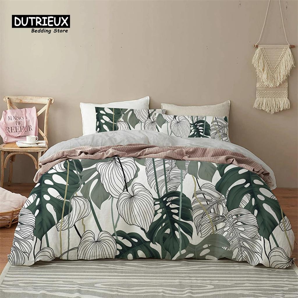 Green Palm Leaf Floral Bedding Set Tropical Leaves Flowers Animals Duvet Cover Microfiber Comforter Cover For Adults Kids Decor