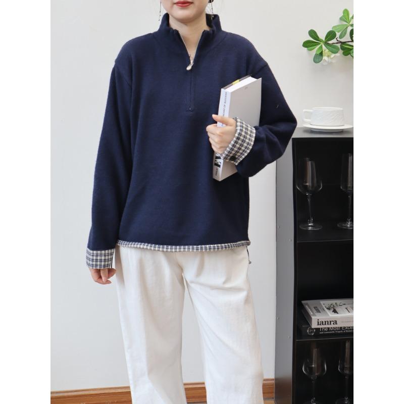 

Вязаный свитер с воротником-стойкой на молнии, новый осенне-зимний, свободный, мягкий, восковой, имитация двух предметов, пуловер для женщин average size темно-синий