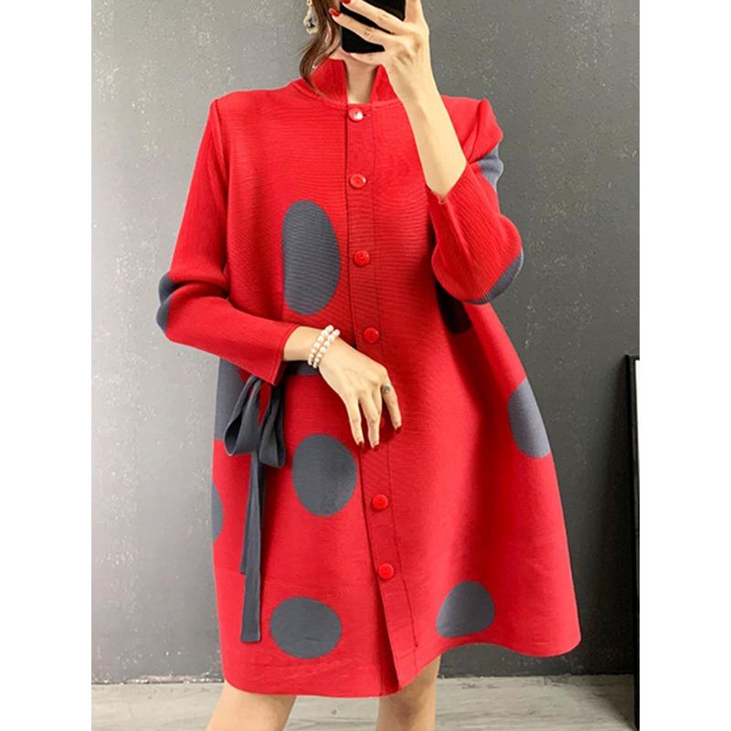 Stand Collar Pleated Dress 2023 Autumn Single Breasted Drawstring Dot Printing Festival Clothing Women Elegant