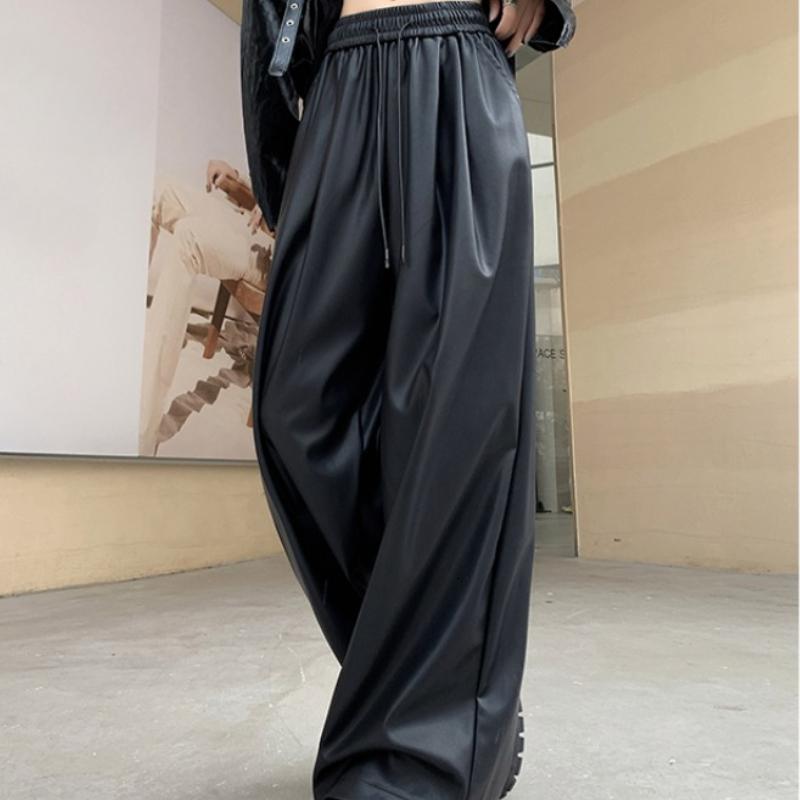 Pantalones de Moda Urbana Negros de Cuero PU de Pierna Ancha para Mujer Sólidos Rectos Sueltos Casuales Pantalones Elegantes de Cintura Alta Ajustados Vintage para Dama 25620