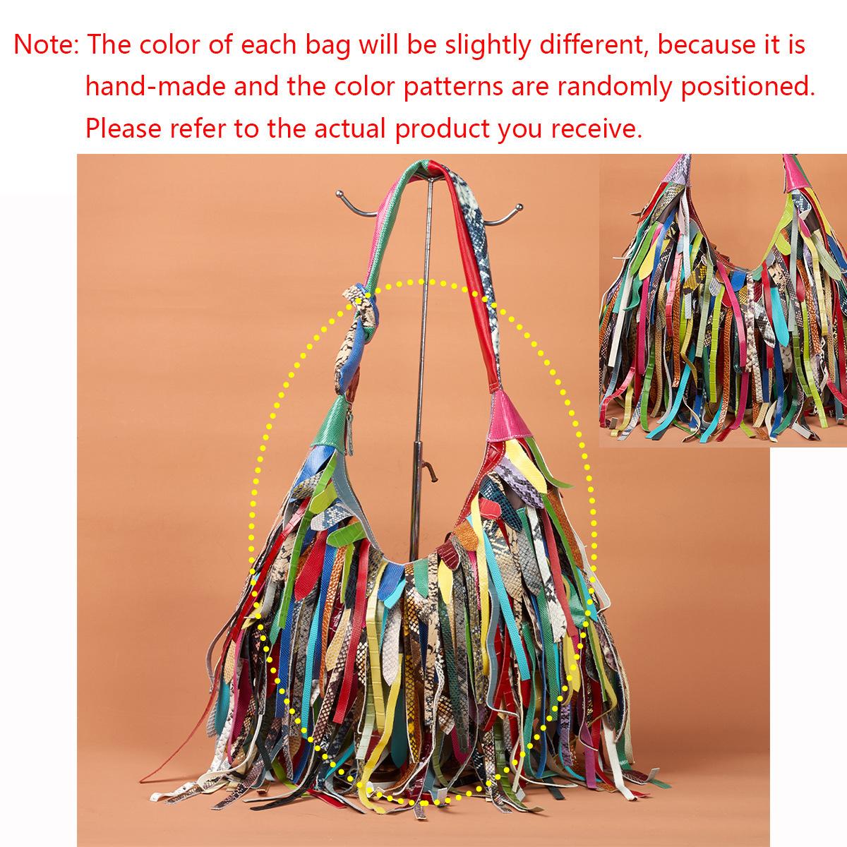 

Fashion Leather Women S Bag Personalized Design Colored Fringed Snake Pattern Contrasting Color Casual Obo Bag Shoulder Bag