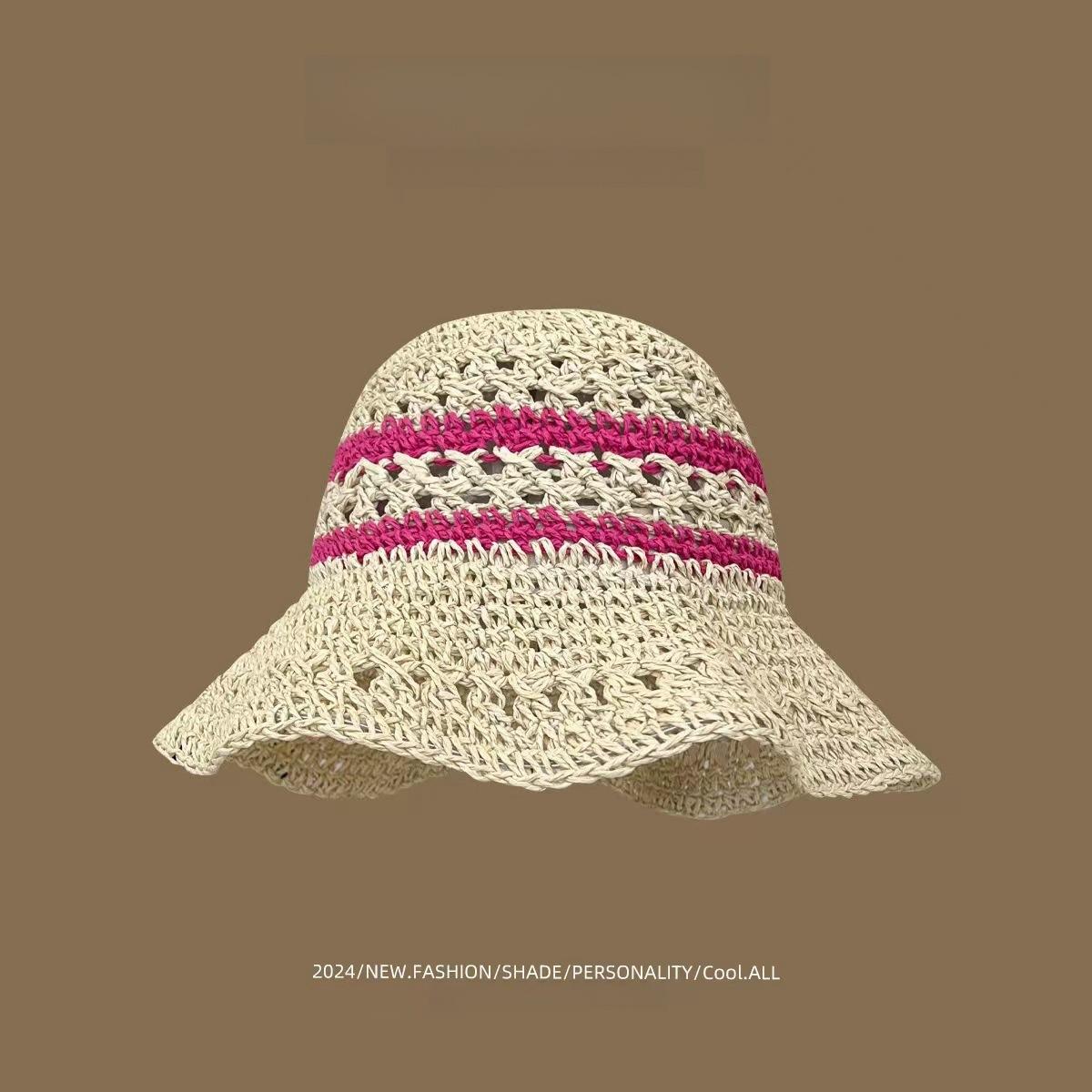 

Spring and summer fashion striped versatile breathable straw bucket hat women s seaside vacation leisure sun protection beach straw hat L（58-60cm）
