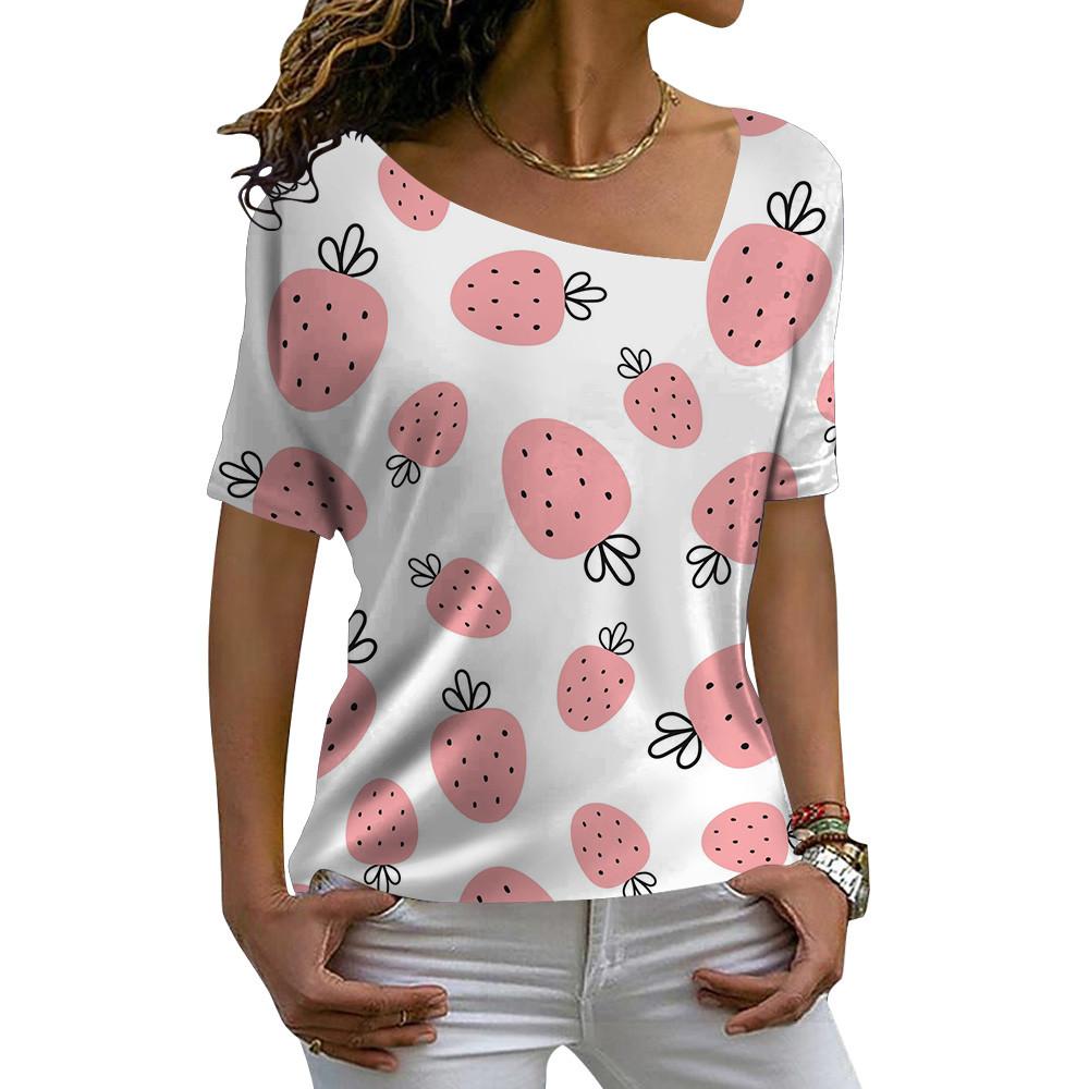 V-Ausschnitt Diagonalkragen Damen Kurzarm Mode Lässig Locker Pullover T-Shirts Sommer 3D Floral Bedrucktes T-Shirt Für Damen
