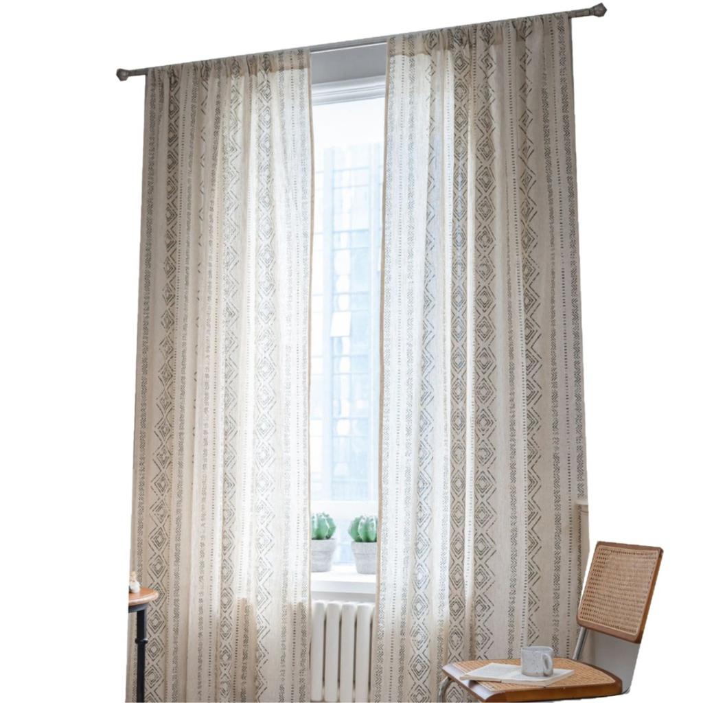 French retro curtain finished semi-blackout kitchen black geometric printing polyester hemp bay window curtain