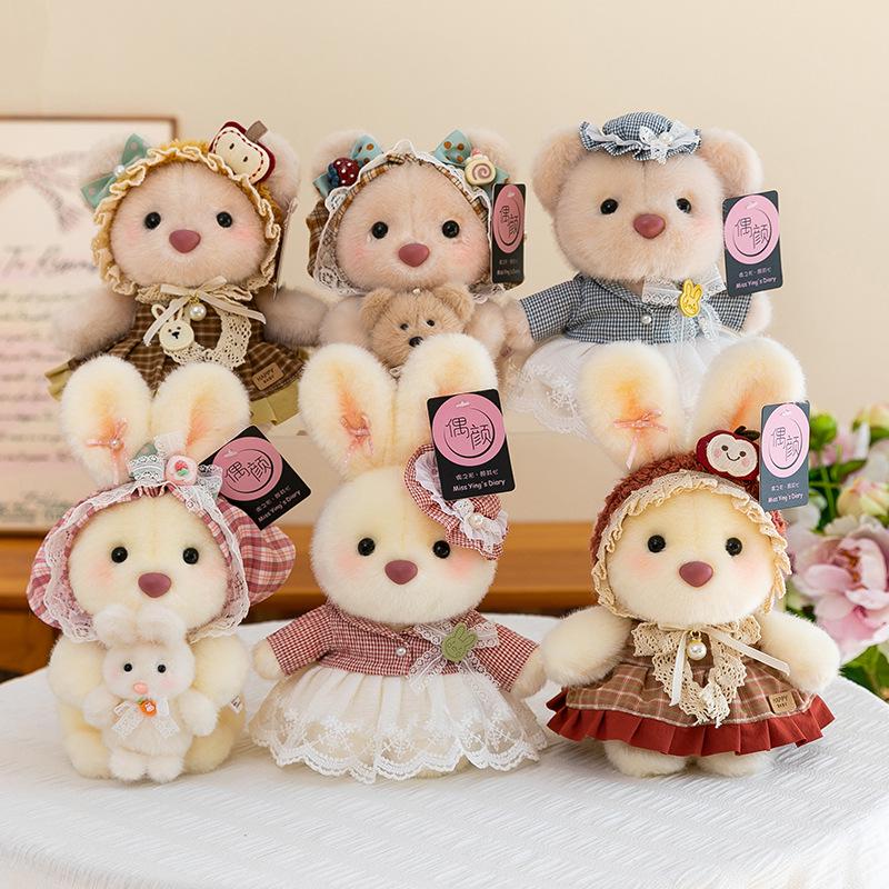 Adorable Lolita Bear & Rabbit Plush Pendant - Cute Bag Charm & Desk Companion
