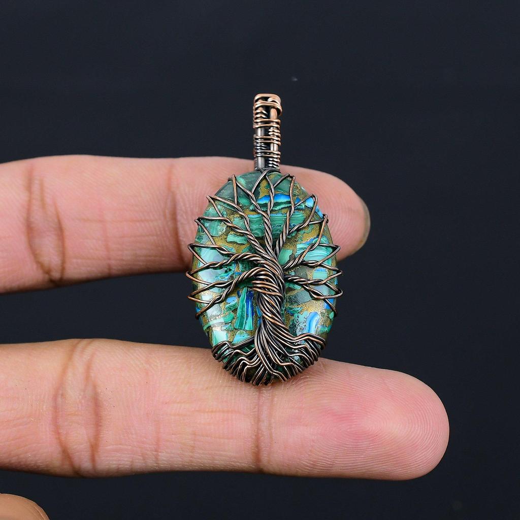 Tree Of Life Copper Rainbow Calsilica Gemstone Pure Copper Wire Wrapped Handmade Pendant Jewelry