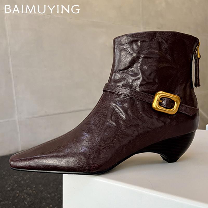 Pointed Toe Women Ankle Boots Designer Leather Mid Heels Shoes 2025 Trend Winter New Fashion Chelsea Boots Goth Botas De Mujer
